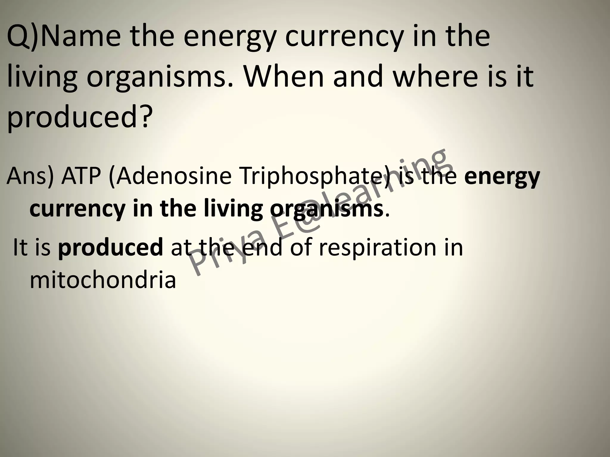 Q)Name the energy currency in the
living organisms. When and where is it
produced?
Ans) ATP (Adenosine Triphosphate) is the energy
currency in the living organisms.
It is produced at the end of respiration in
mitochondria
 