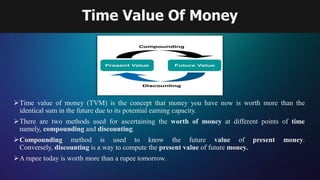 Time Value Of Money
Time value of money (TVM) is the concept that money you have now is worth more than the
identical sum in the future due to its potential earning capacity.
There are two methods used for ascertaining the worth of money at different points of time
namely, compounding and discounting.
Compounding method is used to know the future value of present money.
Conversely, discounting is a way to compute the present value of future money.
A rupee today is worth more than a rupee tomorrow.
 