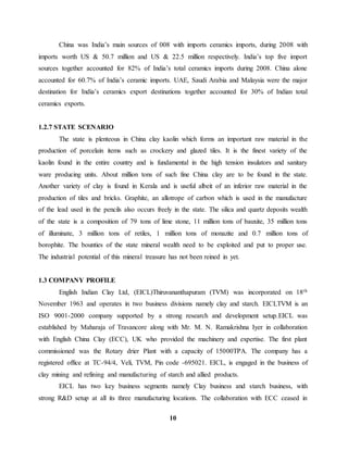 China was India’s main sources of 008 with imports ceramics imports, during 2008 with 
imports worth US & 50.7 million and US & 22.5 million respectively. India’s top five import 
sources together accounted for 82% of India’s total ceramics imports during 2008. China alone 
accounted for 60.7% of India’s ceramic imports. UAE, Saudi Arabia and Malaysia were the major 
destination for India’s ceramics export destinations together accounted for 30% of Indian total 
ceramics exports. 
10 
1.2.7 STATE SCENARIO 
The state is plenteous in China clay kaolin which forms an important raw material in the 
production of porcelain items such as crockery and glazed tiles. It is the finest variety of the 
kaolin found in the entire country and is fundamental in the high tension insulators and sanitary 
ware producing units. About million tons of such fine China clay are to be found in the state. 
Another variety of clay is found in Kerala and is useful albeit of an inferior raw material in the 
production of tiles and bricks. Graphite, an allotrope of carbon which is used in the manufacture 
of the lead used in the pencils also occurs freely in the state. The silica and quartz deposits wealth 
of the state is a composition of 79 tons of lime stone, 11 million tons of bauxite, 35 million tons 
of illuminate, 3 million tons of retiles, 1 million tons of monazite and 0.7 million tons of 
borophite. The bounties of the state mineral wealth need to be exploited and put to proper use. 
The industrial potential of this mineral treasure has not been reined in yet. 
1.3 COMPANY PROFILE 
English Indian Clay Ltd, (EICL)Thiruvananthapuram (TVM) was incorporated on 18th 
November 1963 and operates in two business divisions namely clay and starch. EICLTVM is an 
ISO 9001-2000 company supported by a strong research and development setup.EICL was 
established by Maharaja of Travancore along with Mr. M. N. Ramakrishna Iyer in collaboration 
with English China Clay (ECC), UK who provided the machinery and expertise. The first plant 
commissioned was the Rotary drier Plant with a capacity of 15000TPA. The company has a 
registered office at TC-94/4, Veli, TVM, Pin code -695021. EICL, is engaged in the business of 
clay mining and refining and manufacturing of starch and allied products. 
EICL has two key business segments namely Clay business and starch business, with 
strong R&D setup at all its three manufacturing locations. The collaboration with ECC ceased in 
 