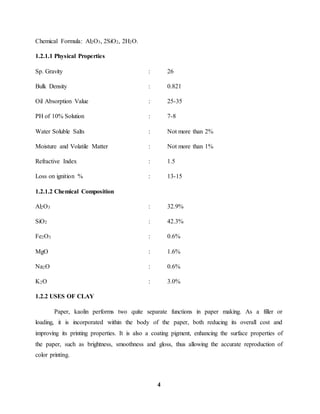 4 
Chemical Formula: Al2O3, 2SiO2, 2H2O. 
1.2.1.1 Physical Properties 
Sp. Gravity : 26 
Bulk Density : 0.821 
Oil Absorption Value : 25-35 
PH of 10% Solution : 7-8 
Water Soluble Salts : Not more than 2% 
Moisture and Volatile Matter : Not more than 1% 
Refractive Index : 1.5 
Loss on ignition % : 13-15 
1.2.1.2 Chemical Composition 
Al2O3 : 32.9% 
SiO2 : 42.3% 
Fe2O3 : 0.6% 
MgO : 1.6% 
Na2O : 0.6% 
K2O : 3.0% 
1.2.2 USES OF CLAY 
Paper, kaolin performs two quite separate functions in paper making. As a filler or 
loading, it is incorporated within the body of the paper, both reducing its overall cost and 
improving its printing properties. It is also a coating pigment, enhancing the surface properties of 
the paper, such as brightness, smoothness and gloss, thus allowing the accurate reproduction of 
color printing. 
 