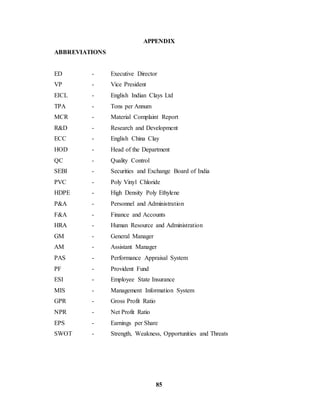 APPENDIX 
85 
ABBREVIATIONS 
ED - Executive Director 
VP - Vice President 
EICL - English Indian Clays Ltd 
TPA - Tons per Annum 
MCR - Material Complaint Report 
R&D - Research and Development 
ECC - English China Clay 
HOD - Head of the Department 
QC - Quality Control 
SEBI - Securities and Exchange Board of India 
PVC - Poly Vinyl Chloride 
HDPE - High Density Poly Ethylene 
P&A - Personnel and Administration 
F&A - Finance and Accounts 
HRA - Human Resource and Administration 
GM - General Manager 
AM - Assistant Manager 
PAS - Performance Appraisal System 
PF - Provident Fund 
ESI - Employee State Insurance 
MIS - Management Information System 
GPR - Gross Profit Ratio 
NPR - Net Profit Ratio 
EPS - Earnings per Share 
SWOT - Strength, Weakness, Opportunities and Threats 
