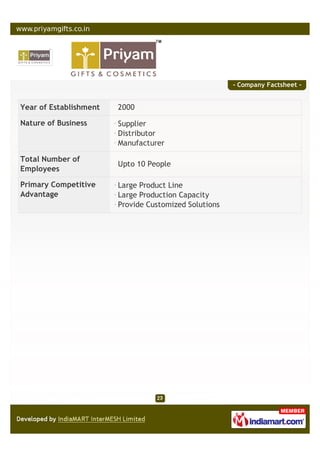 - Company Factsheet -


Year of Establishment   2000

Nature of Business      Supplier
                        Distributor
                        Manufacturer

Total Number of
                        Upto 10 People
Employees

Primary Competitive     Large Product Line
Advantage               Large Production Capacity
                        Provide Customized Solutions
 