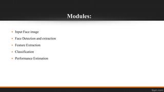 Modules:
 Input Face image
 Face Detection and extraction
 Feature Extraction
 Classification
 Performance Estimation
 