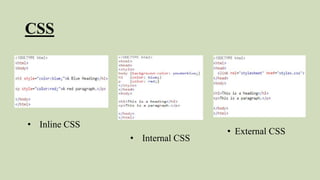 CSS output
• INLINE CSS • INTERNAL CSS • EXTERNAL CSS
 