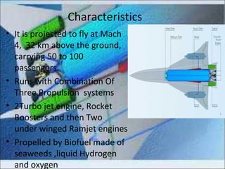 Characteristics
• It is projected to fly at Mach
4, 32 km above the
ground, carrying 50 to 100
passengers.
• Runs with Combination Of
Three Propulsion systems
• 2Turbo jet engine, 3Rocket
engine boosters and then Two
under winged Ramjet engines
• Propelled by Biofuel made of
seaweeds ,liquid Hydrogen
and oxygen
 