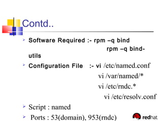 Contd..
 Software Required :- rpm –q bind
rpm –q bind-
utils

Configuration File :- vi /etc/named.conf
vi /var/named/*
vi /etc/rndc.*
vi /etc/resolv.conf
 Script : named
 Ports : 53(domain), 953(rndc)
 