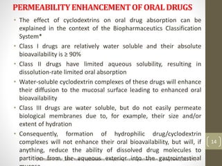 PERMEABILITYENHANCEMENTOF ORALDRUGS
• The effect of cyclodextrins on oral drug absorption can be
explained in the context of the Biopharmaceutics Classification
System*
• Class I drugs are relatively water soluble and their absolute
bioavailability is ≥ 90%
• Class II drugs have limited aqueous solubility, resulting in
dissolution-rate limited oral absorption
• Water-soluble cyclodextrin complexes of these drugs will enhance
their diffusion to the mucosal surface leading to enhanced oral
bioavailability
• Class III drugs are water soluble, but do not easily permeate
biological membranes due to, for example, their size and/or
extent of hydration
• Consequently, formation of hydrophilic drug/cyclodextrin
complexes will not enhance their oral bioavailability, but will, if
anything, reduce the ability of dissolved drug molecules to
partition from the aqueous exterior into the gastrointestinal
14
(*Loftsson T. et al.,2004. Role of cyclodextrins in improving oral drug delivery. Am. J. Drug Deliv.2, 261-275)
 
