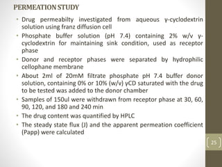 PERMEATIONSTUDY
• Drug permeabilty investigated from aqueous γ-cyclodextrin
solution using franz diffusion cell
• Phosphate buffer solution (pH 7.4) containing 2% w/v γ-
cyclodextrin for maintaining sink condition, used as receptor
phase
• Donor and receptor phases were separated by hydrophilic
cellophane membrane
• About 2ml of 20mM filtrate phosphate pH 7.4 buffer donor
solution, containing 0% or 10% (w/v) γCD saturated with the drug
to be tested was added to the donor chamber
• Samples of 150ul were withdrawn from receptor phase at 30, 60,
90, 120, and 180 and 240 min
• The drug content was quantified by HPLC
• The steady state flux (J) and the apparent permeation coefficient
(Papp) were calculated
25
 