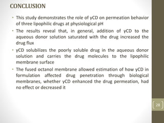 CONCLUSION
• This study demonstrates the role of γCD on permeation behavior
of three lipophilic drugs at physiological pH
• The results reveal that, in general, addition of γCD to the
aqueous donor solution saturated with the drug increased the
drug flux
• γCD solubilizes the poorly soluble drug in the aqueous donor
solution and carries the drug molecules to the lipophilic
membrane surface
• The fused octanol membrane allowed estimation of how γCD in
formulation affected drug penetration through biological
membranes, whether γCD enhanced the drug permeation, had
no effect or decreased it
28
 