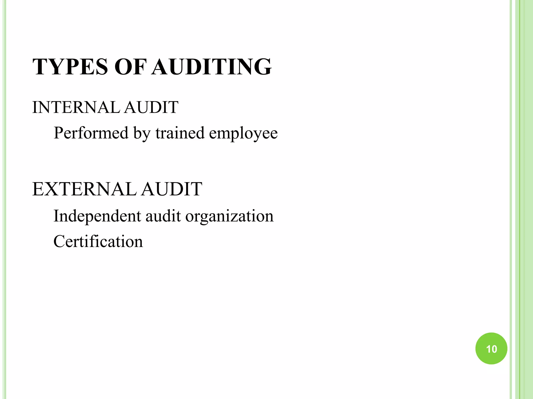 TYPES OF AUDITING
INTERNAL AUDIT
Performed by trained employee
EXTERNAL AUDIT
Independent audit organization
Certification
10
 