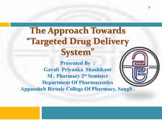 The Approach Towards
“Targeted Drug Delivery
System”
1
Presented By :
Gavali Priyanka Shashikant
M . Pharmacy 2st Semister
Department Of Pharmaceutics
Appasaheb Birnale College Of Pharmacy, Sangli .
 