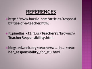  http://www.buzzle.com/articles/responsi
bilities-of-a-teacher.html
 it.pinellas.k12.fl.us/Teachers5/brownch/
TeacherResponsibility.html
 blogs.edweek.org/teachers/...in.../teac
her_responsibility_for_stu.html
 