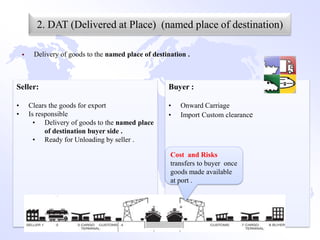 2. DAT (Delivered at Place) (named place of destination)

        Delivery of goods to the named place of destination .



Seller:                                               Buyer :

•       Clears the goods for export                   •   Onward Carriage
•       Is responsible                                •   Import Custom clearance
          • Delivery of goods to the named place
              of destination buyer side .
          • Ready for Unloading by seller .

                                                       Cost and Risks
                                                       transfers to buyer once
                                                       goods made available
                                                       at port .
 