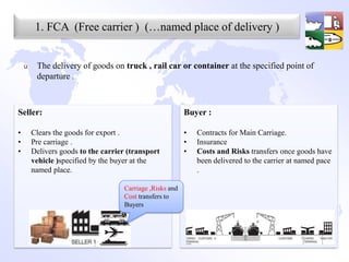 1. FCA (Free carrier ) (…named place of delivery )


    u    The delivery of goods on truck , rail car or container at the specified point of
         departure .



Seller:                                                   Buyer :

•       Clears the goods for export .                     •   Contracts for Main Carriage.
•       Pre carriage .                                    •   Insurance
•       Delivers goods to the carrier (transport          •   Costs and Risks transfers once goods have
        vehicle )specified by the buyer at the                been delivered to the carrier at named pace
        named place.                                          .

                                    Carriage ,Risks and
                                    Cost transfers to
                                    Buyers
 