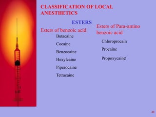 48 
CLASSIFICATION OF LOCAL 
ANESTHETICS 
ESTERS 
Esters of benzoic acid 
Butacaine 
Cocaine 
Benzocaine 
Hexylcaine 
Pipe...