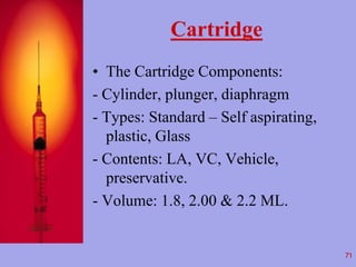 Cartridge 
• The Cartridge Components: 
- Cylinder, plunger, diaphragm 
- Types: Standard – Self aspirating, 
plastic, Gla...