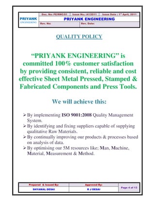PRIYANK
ENGINEERING
Doc. No: PE/RMC/01 Issue No.: A1/2011 Issue Date : 1st
April, 2011
PRIYANK ENGINEERING
Rev. No: Rev. D...