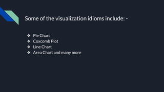 Some of the visualization idioms include: -
❖ Pie Chart
❖ Coxcomb Plot
❖ Line Chart
❖ Area Chart and many more
 