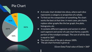Pie Chart
❖ A circular chart divided into slices, where each slice
represents a category or proportion of a whole.
❖ To find out the composition of something, Pie-chart
works the best at that time. In most cases, pie charts
replace other graphs like the bar graph, line plots,
histograms, etc.
❖ It contains different segments and sectors in which
each segment and sector of a pie chart forms a specific
portion of the total(percentage). The sum of all the data
is equal to 360°.
❖ The total value of the pie is always 100%.
❖ The pie chart formula is given as
(Given Data/Total value of Data) × 360°
 