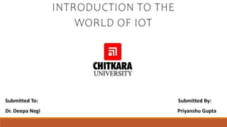 INTRODUCTION TO THE
WORLD OF IOT
Submitted To: Submitted By:
Dr. Deepa Negi Priyanshu Gupta
 