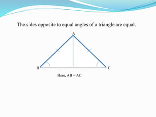 The sides opposite to equal angles of a triangle are equal.
CB
A
Here, AB = AC
 