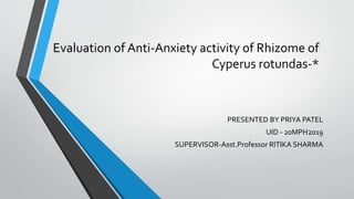 Evaluation of Anti-Anxiety activity of Rhizome of
Cyperus rotundas-*
PRESENTED BY PRIYA PATEL
UID - 20MPH2019
SUPERVISOR-Asst.Professor RITIKA SHARMA
 