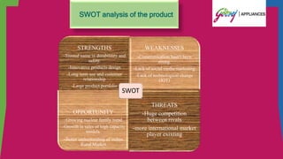 SWOT analysis of the product
STRENGTHS
-Trusted name in durabilility and
safety.
-Innovative products design
-Long term use and customer
relationship
-Large product portfolio
WEAKNESSES
-Communication hasn't been
strong.
-Lack of social media marketing
-Lack of technological change
(IOT)
OPPORTUNITY
-Growing nuclear family trend
.-Growth in sales of high capacity
models.
-Better understanding of indian
Rural Market
THREATS
-Huge competition
between rivals
-more international market
player exixting
SWOT
 