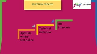 SELECTION PROCESS
Aptitude
written
test online
Technical
interview
HR
interview
 