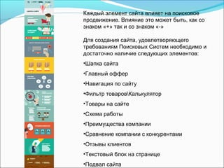 Каждый элемент сайта влияет на поисковое
продвижение. Влияние это может быть, как со
знаком «+» так и со знаком «-»
Для создания сайта, удовлетворяющего
требованиям Поисковых Систем необходимо и
достаточно наличие следующих элементов:
•Шапка сайта
•Главный оффер
•Навигация по сайту
•Фильтр товаровКалькулятор
•Товары на сайте
•Схема работы
•Преимущества компании
•Сравнение компании с конкурентами
•Отзывы клиентов
•Текстовый блок на странице
•Подвал сайта
 