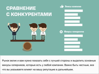 Рынок велик и вам нужно показать себя с лучшей стороны и выделить основные
минусы соперников, которые есть у любой компании. Важно быть честным, все
что вы указываете влияет на вашу репутацию в дальнейшем.
 