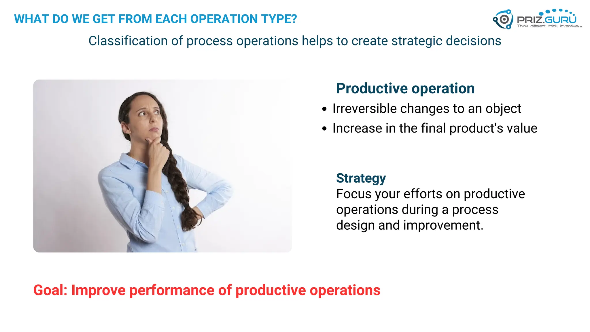 WHAT DO WE GET FROM EACH OPERATION TYPE?
Classification of process operations helps to create strategic decisions
Productive operation
Irreversible changes to an object
Increase in the final product's value
Strategy
Focus your efforts on productive
operations during a process
design and improvement.
Goal: Improve performance of productive operations
 