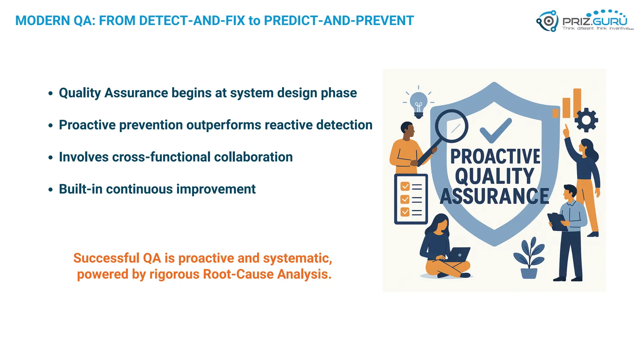 MODERN QA: FROM DETECT-AND-FIX to PREDICT-AND-PREVENT
Quality Assurance begins at system design phase
Proactive prevention outperforms reactive detection
Involves cross-functional collaboration
Built-in continuous improvement
Successful QA is proactive and systematic,
powered by rigorous Root-Cause Analysis.
 