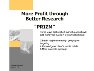More Profit through Better Research “ PRIZM” Updated 10-09-09 Version: PN ,[object Object],[object Object],[object Object],[object Object]