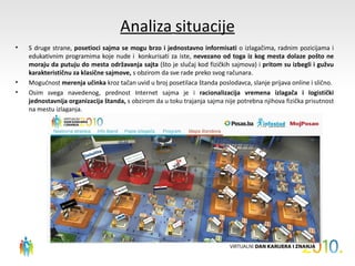 Analiza situacije
•   S druge strane, posetioci sajma se mogu brzo i jednostavno informisati o izlagačima, radnim pozicijama i
    edukativnim programima koje nude i konkurisati za iste, nevezano od toga iz kog mesta dolaze pošto ne
    moraju da putuju do mesta održavanja sajta (što je slučaj kod fizičkih sajmova) i pritom su izbegli i gužvu
    karakterističnu za klasične sajmove, s obzirom da sve rade preko svog računara.
•   Mogućnost merenja učinka kroz tačan uvid u broj posetilaca štanda poslodavca, slanje prijava online i slično.
•   Osim svega navedenog, prednost Internet sajma je i racionalizacija vremena izlagača i logistički
    jednostavnija organizacija štanda, s obzirom da u toku trajanja sajma nije potrebna njihova fizička prisutnost
    na mestu izlaganja.
 