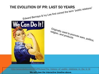 The evolution of pr: Last 50 yearsEdward Bernays & Ivy Lee first coined the term “public relations”Originally used to promote wars, politics, religion, and productshttp://www.dipity.com/SEUPRclass/The_history_of_public_relations_in_the_U_S/We will view the interactive timeline above.