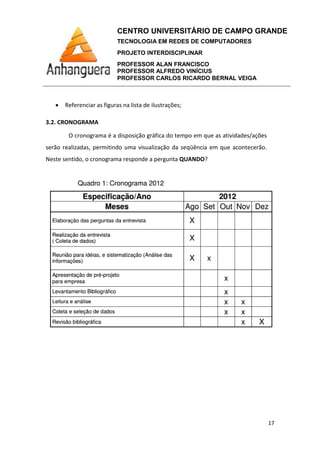 CENTRO UNIVERSITÁRIO DE CAMPO GRANDE
TECNOLOGIA EM REDES DE COMPUTADORES
PROJETO INTERDISCIPLINAR
PROFESSOR ALAN FRANCISCO
PROFESSOR ALFREDO VINÍCIUS
PROFESSOR CARLOS RICARDO BERNAL VEIGA
17
• Referenciar as figuras na lista de ilustrações;
3.2. CRONOGRAMA
O cronograma é a disposição gráfica do tempo em que as atividades/ações
serão realizadas, permitindo uma visualização da seqüência em que acontecerão.
Neste sentido, o cronograma responde a pergunta QUANDO?
 