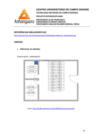 CENTRO UNIVERSITÁRIO DE CAMPO GRANDE
TECNOLOGIA EM REDES DE COMPUTADORES
PROJETO INTERDISCIPLINAR
PROFESSOR ALAN FRANCISCO
PROFESSOR ALFREDO VINÍCIUS
PROFESSOR CARLOS RICARDO BERNAL VEIGA
20
REFERÊNCIAS BIBLIOGRÁFICAS
http://www.eac.fea.usp.br/eac/observatorio/metodologia-referencia_bibliografica.asp
ANEXOS
• Adicionar as plantas;
PLANTA BAIXA - CABEAMENTO
Fonte: http://dc383.4shared.com/doc/MkMIL52r/preview.html
 