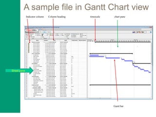 A sample file in Gantt Chart view
Indicator column Column heading chart pane
Sheet pane
timescale
Gantt bar
 