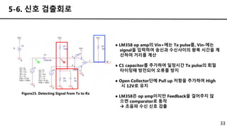 33
5-6. 신호 검출회로
Figure25. Detecting Signal from Tx to Rx
● LM358 op amp의 Vin+에는 Tx pulse를, Vin-에는
signal을 입력하여 송신과 수신사이의 왕복 시간을 계
산하여 거리를 계산
● C1 capacitor를 추가하여 일정시간 Tx pulse의 회절
타이밍때 방전되어 오류를 방지
● Open Collector단에 Pull up 저항을 추가하여 High
시 12V로 유지
● LM358은 op amp이지만 Feedback을 걸어주지 않
으면 comparator로 동작
 초음파 수신 신호 검출
 