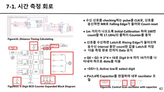 42
7-1. 시간 측정 회로
Figure34. Distance Timing Calculating
● 수신 신호를 checking하는 pulse를 CLK로, 신호를
송신하면 MR로 Falling Edge가 들어와 Count reset
● 1m 거리가 나오도록 Initial Calibration 하여 100번
count할 때 17.18Hz의 클럭이 Counter를 동작
● 신호를 수신하면 Letch로 Rising Edge가 들어오며
송수신 interval 동안 count된 값을 Latch로 저장
 다음 측정 완료 전까지 Data 유지
● Q0 ~ Q3  2^4 = 16로 Digit 0~9 까지 10가지를 나
타내야 하므로 4bits를 이용
● ~DS1~3, Active low로 select digit
● Pin3,4에 Capacitor를 연결하여 내부 oscillator 조
절
Figure35. 3-Digit BCD Counter Expanded Block Diagram Figure36. Control Scan oscillator with capacitor
 
