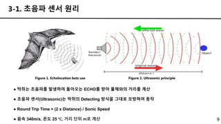 9
3-1. 초음파 센서 원리
● 박쥐는 초음파를 발생하여 돌아오는 ECHO를 받아 물체와의 거리를 계산
● 초음파 센서(Ultrasonic)는 박쥐의 Detecting 방식을 그대로 모방하여 동작
● Round Trip Time = (2 x Distance) / Sonic Speed
● 음속 340m/s, 온도 25 ℃, 거리 단위 m로 계산
Figure 1. Echolocation bats use Figure 2. Ultrasonic principle
 