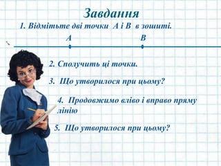 Завдання
1. Відмітьте дві точки А і В в зошиті.
А В
2. Сполучить ці точки.
3. Що утворилося при цьому?
4. Продовжимо вліво і вправо пряму
лінію
5. Що утворилося при цьому?
 
