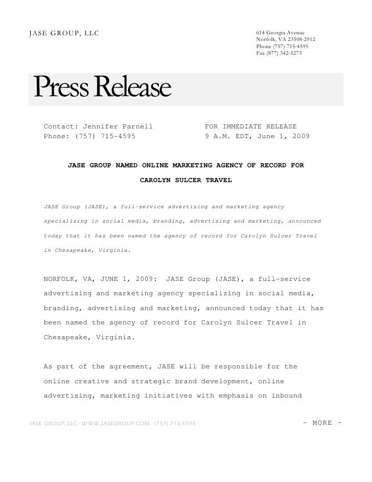 press release jase group signs agency of record agreement with carolyn sulcer travel 1 728