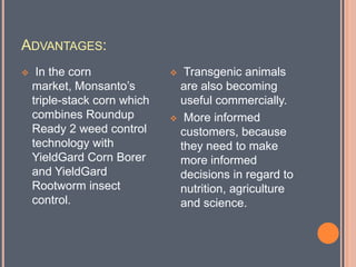 They are used in biological and medical research, production of pharmaceutical drugs , experimental medicine (gene therapy) and agriculture (golden rice).Advantages: Patent- protected food crops which are resistant to commercial herbicides  or are able to produce pesticides proteins from within the plant, or stacked trait seeds, which do both.  