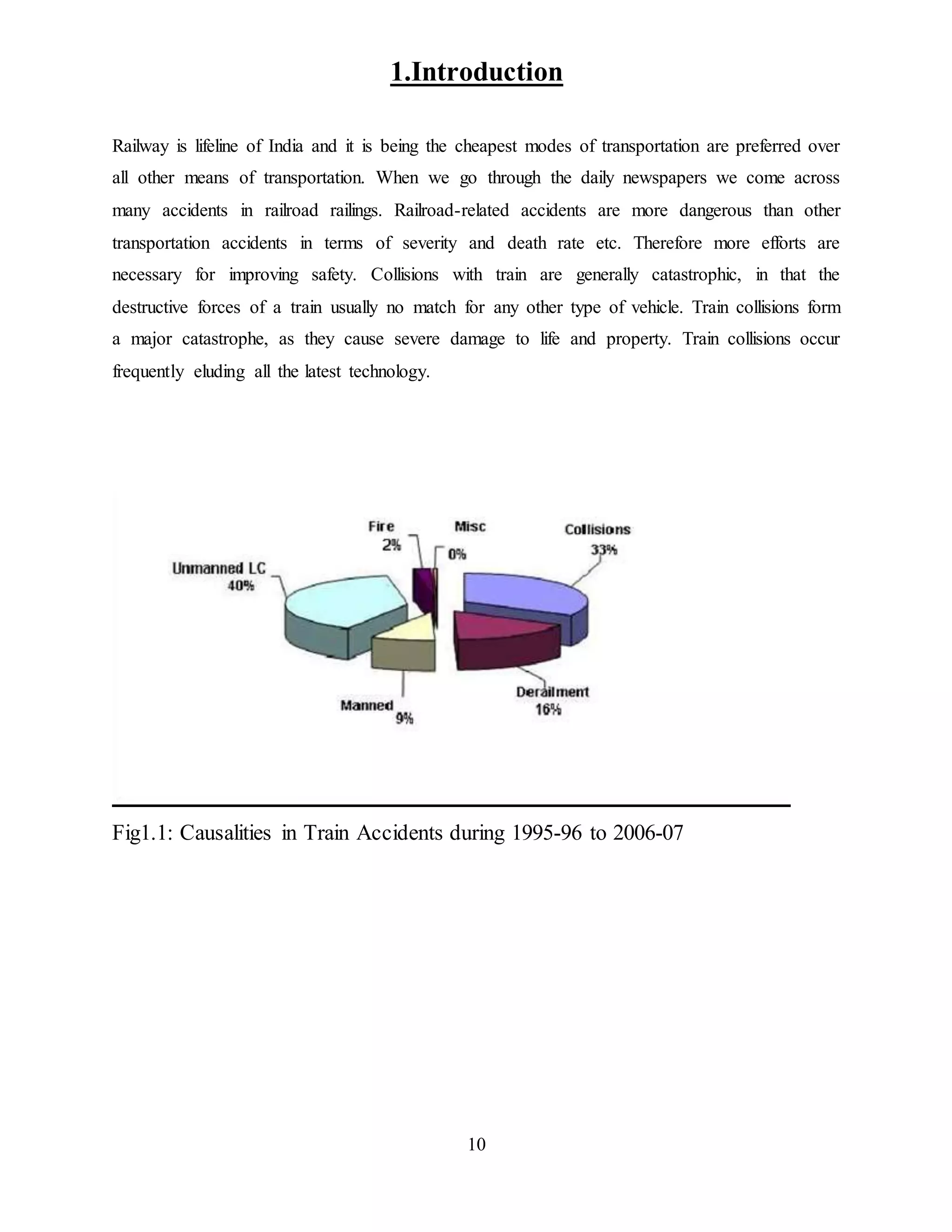 10
1.Introduction
Railway is lifeline of India and it is being the cheapest modes of transportation are preferred over
all other means of transportation. When we go through the daily newspapers we come across
many accidents in railroad railings. Railroad-related accidents are more dangerous than other
transportation accidents in terms of severity and death rate etc. Therefore more efforts are
necessary for improving safety. Collisions with train are generally catastrophic, in that the
destructive forces of a train usually no match for any other type of vehicle. Train collisions form
a major catastrophe, as they cause severe damage to life and property. Train collisions occur
frequently eluding all the latest technology.
Fig1.1: Causalities in Train Accidents during 1995-96 to 2006-07
 