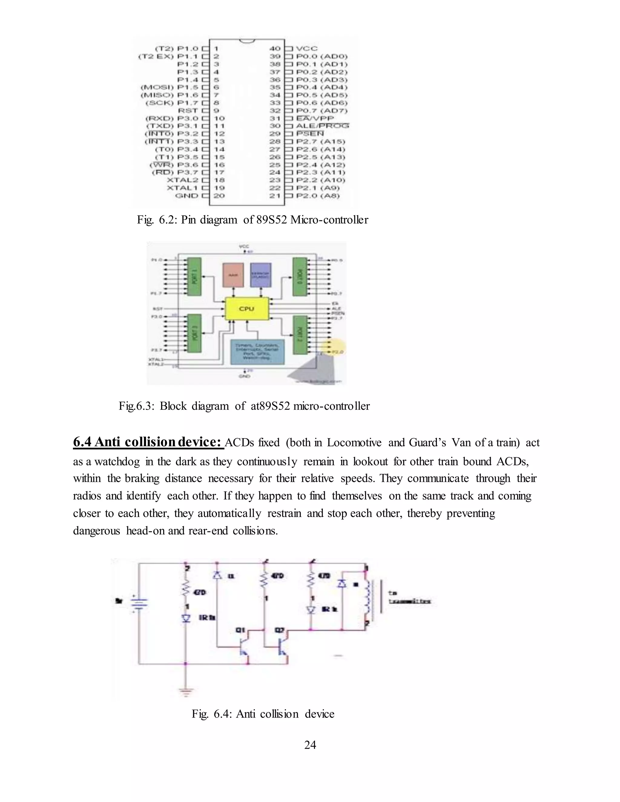 24
Fig. 6.2: Pin diagram of 89S52 Micro-controller
Fig.6.3: Block diagram of at89S52 micro-controller
6.4 Anti collisiondevice: ACDs fixed (both in Locomotive and Guard’s Van of a train) act
as a watchdog in the dark as they continuously remain in lookout for other train bound ACDs,
within the braking distance necessary for their relative speeds. They communicate through their
radios and identify each other. If they happen to find themselves on the same track and coming
closer to each other, they automatically restrain and stop each other, thereby preventing
dangerous head-on and rear-end collisions.
Fig. 6.4: Anti collision device
 