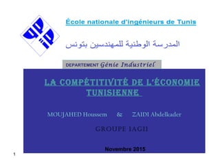 1
La compétitivité de L’économie
tunisienne
MOUJAHED Houssem & ZAIDI Abdelkader
Groupe 1AGI1
Novembre 2015
DEPARTEMENT Génie Industriel
 