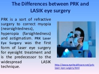 The Differences between PRK and
             LASIK eye surgery
PRK is a sort of refractive
surgery to correct myopia
(nearsightedness),
hyperopia (farsightedness)
and astigmatism. PRK Laser
Eye Surgery was the first
form of laser eye surgery
for eyesight treatment and
is the predecessor to the
widespread           LASIK
                              http://www.eyehealthcare.net/prk-
technique.                    laser-eye-surgery.html
 