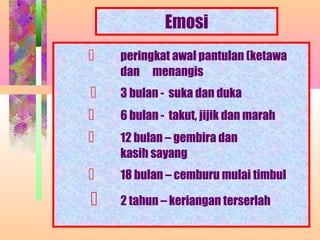 Emosi
   peringkat awal pantulan (ketawa
    dan menangis
   3 bulan - suka dan duka
   6 bulan - takut, jijik dan marah
   12 bulan – gembira dan
    kasih sayang
   18 bulan – cemburu mulai timbul

   2 tahun – keriangan terserlah
       NORMASURA MPPM
 