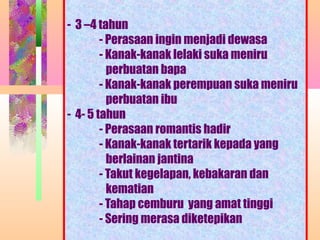 - 3 –4 tahun
        - Perasaan ingin menjadi dewasa
        - Kanak-kanak lelaki suka meniru
          perbuatan bapa
        - Kanak-kanak perempuan suka meniru
          perbuatan ibu
- 4- 5 tahun
        - Perasaan romantis hadir
        - Kanak-kanak tertarik kepada yang
          berlainan jantina
        - Takut kegelapan, kebakaran dan
          kematian
        - Tahap cemburu yang amat tinggi
        - SeringNORMASURA MPPMdiketepikan
                 merasa
 
